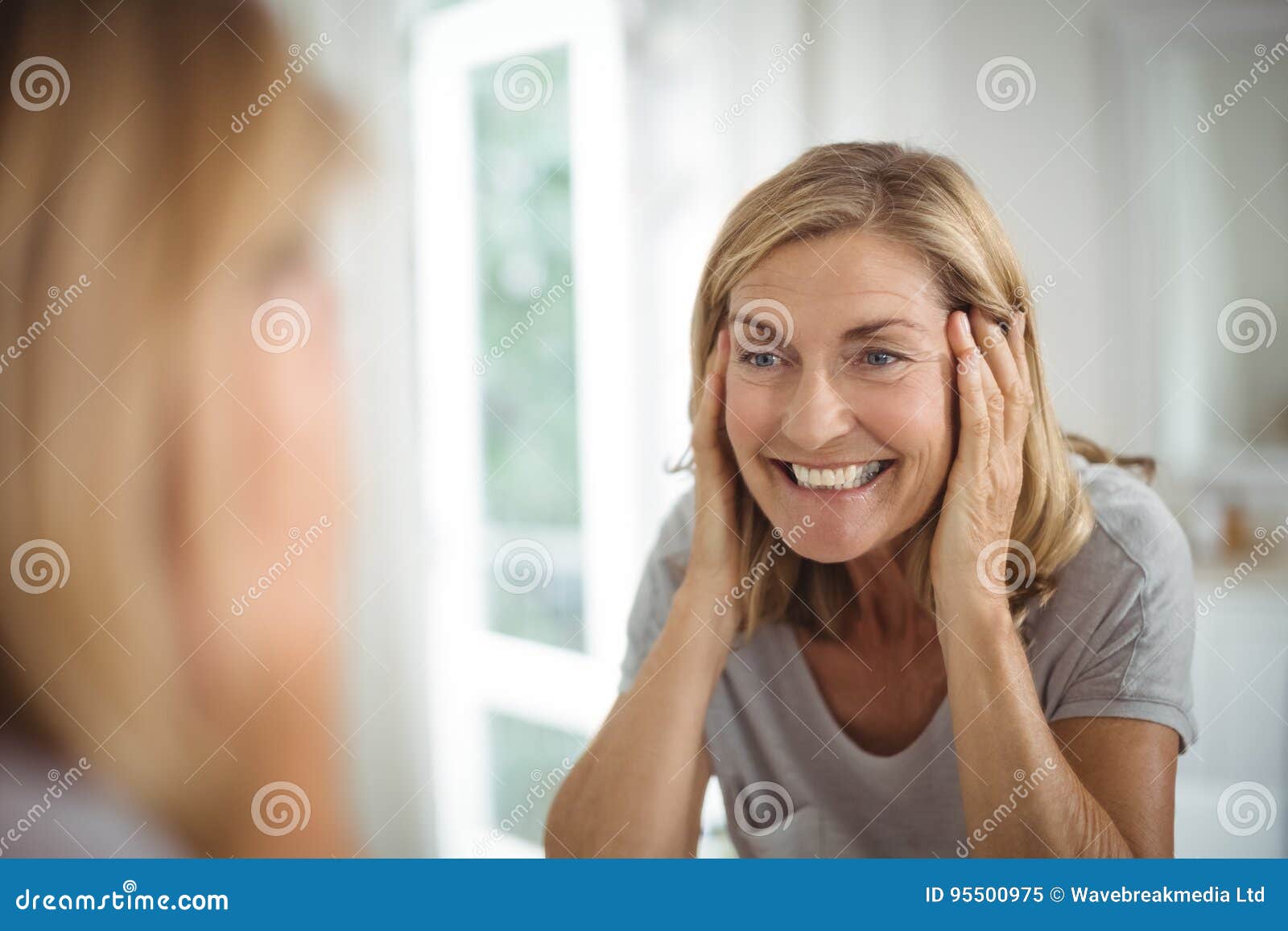 Smiling Senior Woman Looking at Mirror Stock Image Image of