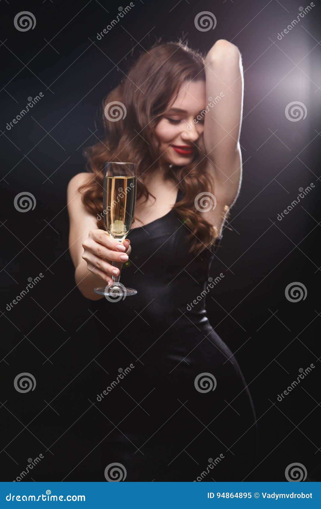 Smiling Sensual Woman With Glass Of Champagne Posing Stock Image Image Of Passion Happiness