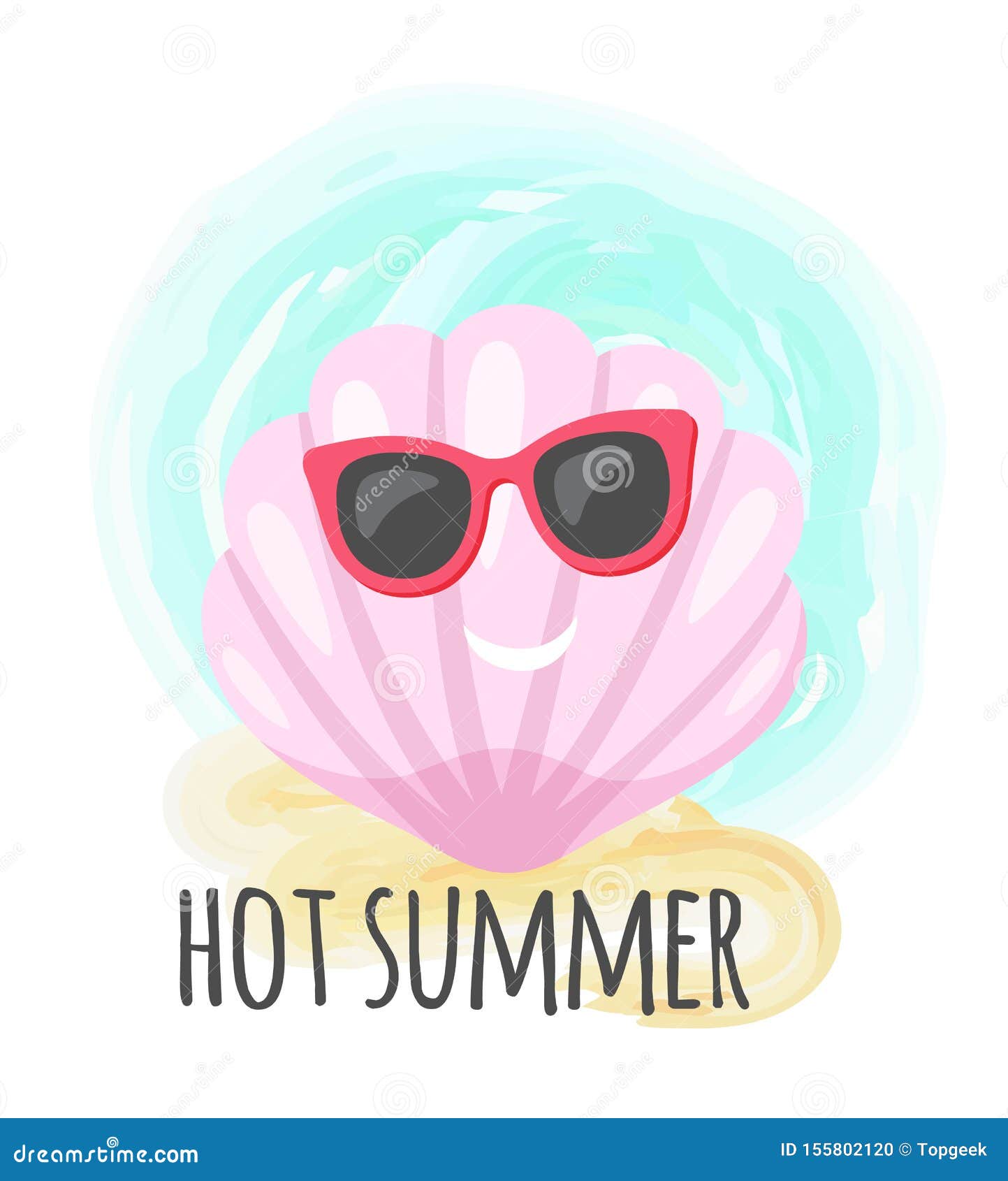 smiling shell in glasses, hot summer card 