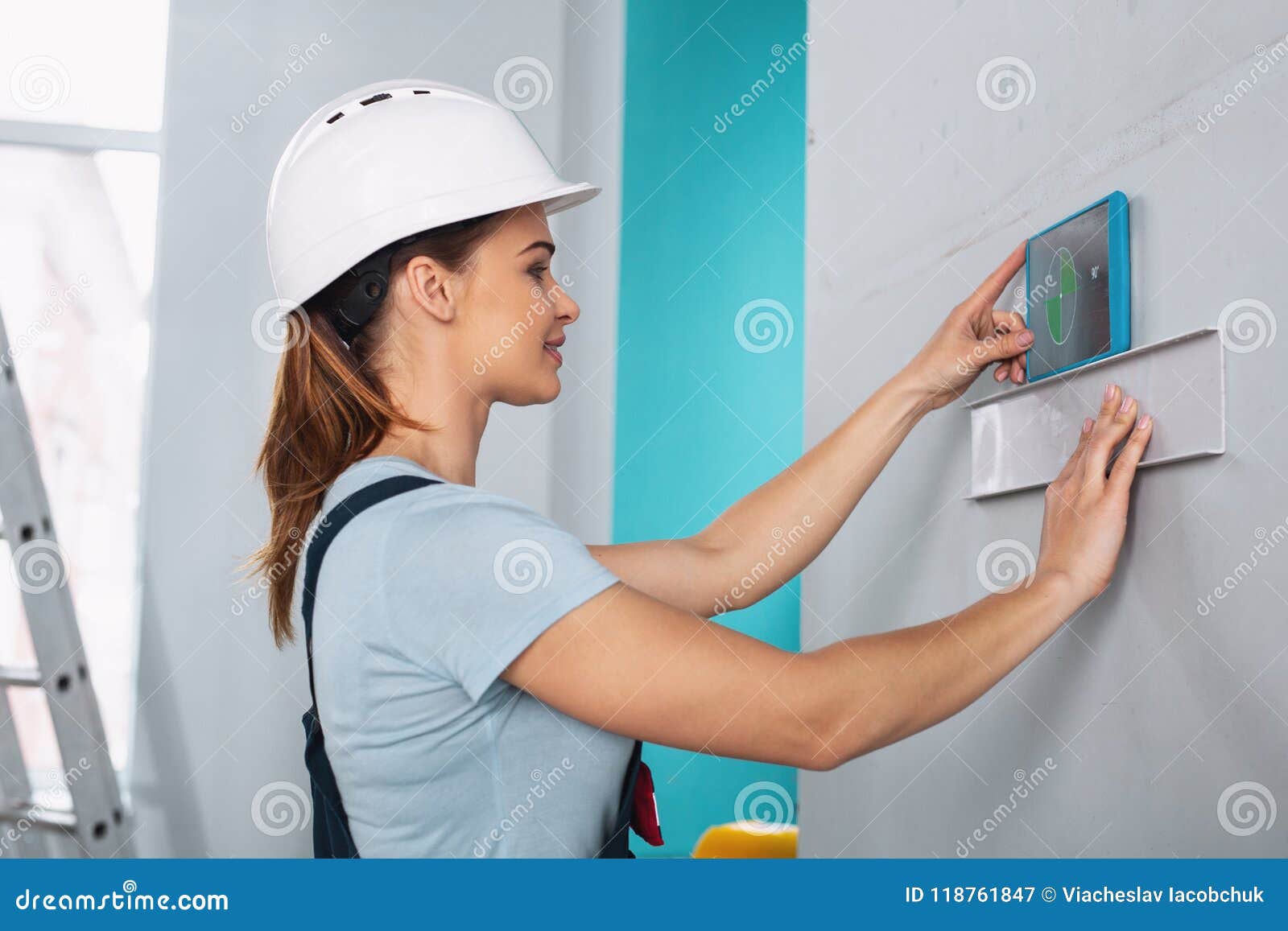 Smiling Skilled Builder Working with Her Tools Stock Image Image of estate, level 118761847