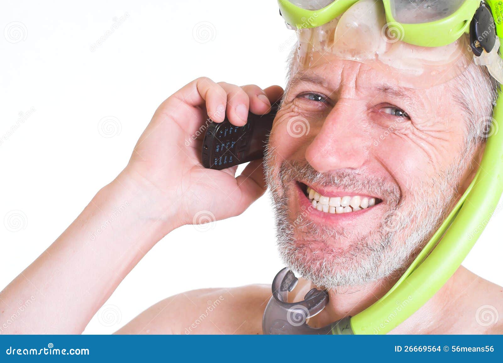 Smiling Skin Diver Has a Call on His Cell Phone Stock Photo Image of