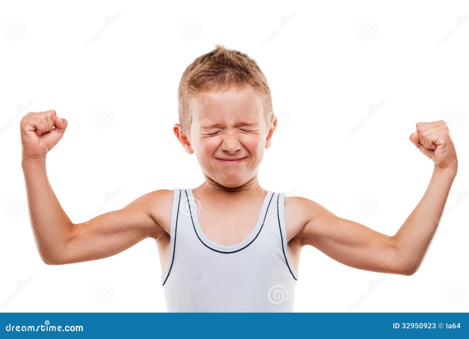 smiling sport child boy showing hand biceps muscles strength