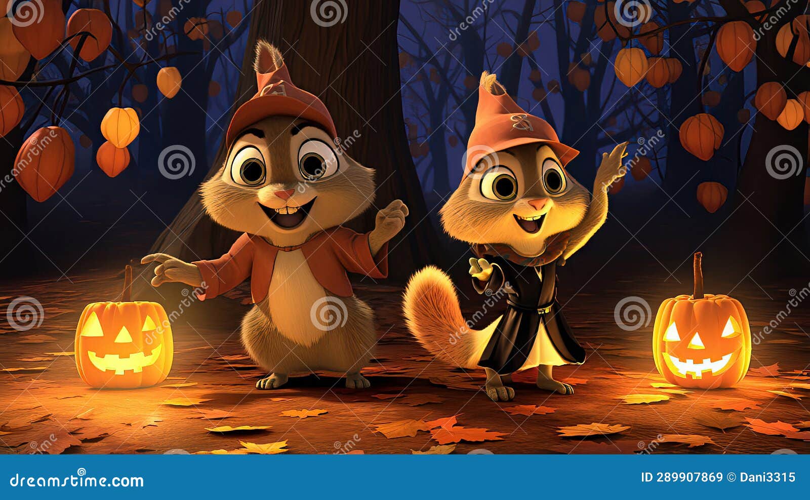 Smiling Squirrel Couple in Halloween Wizard Costumes Stock Illustration