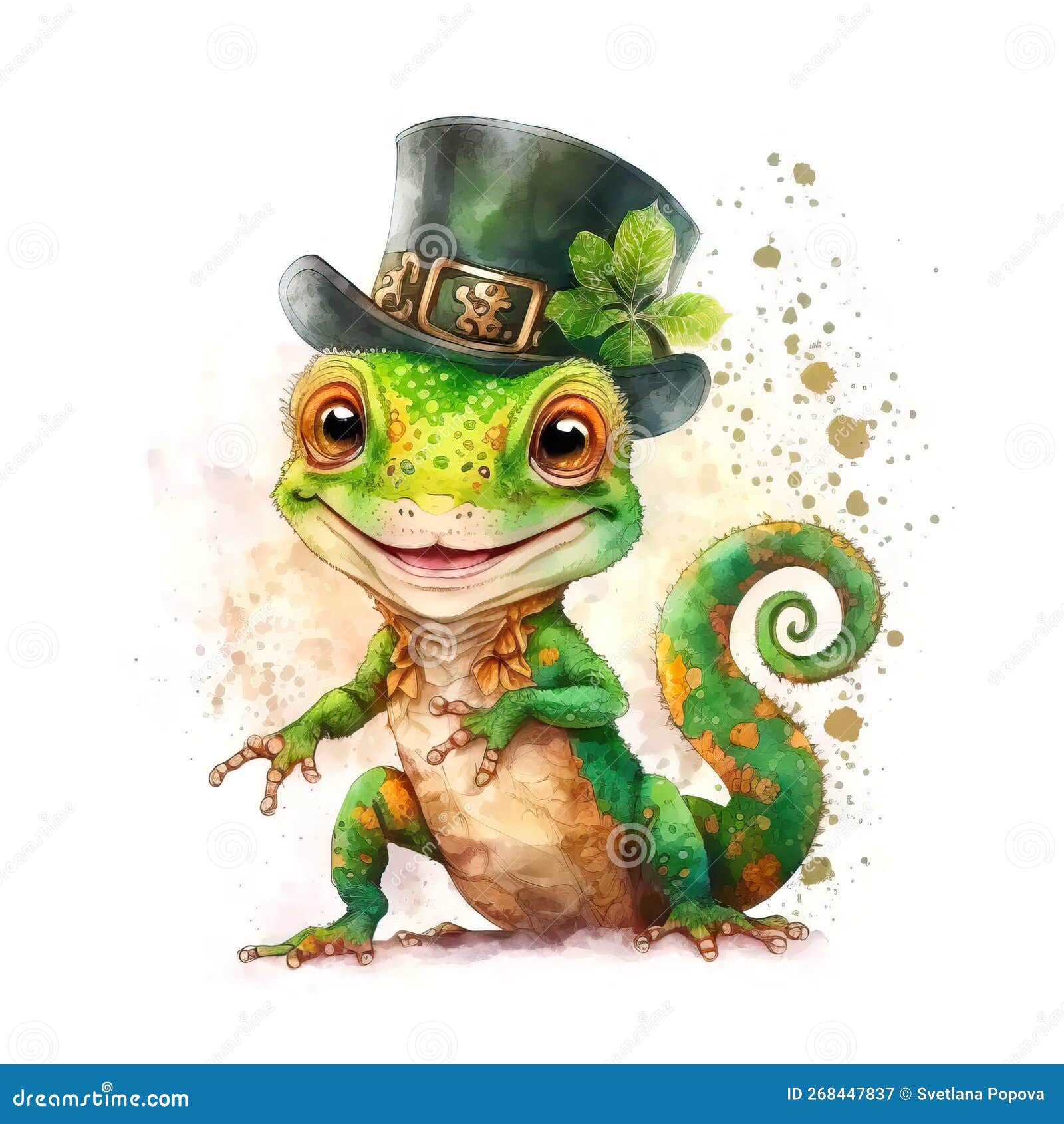 Smiling St. Patrick S Gecko in a Green Leprechaun Hat. Watercolor ...