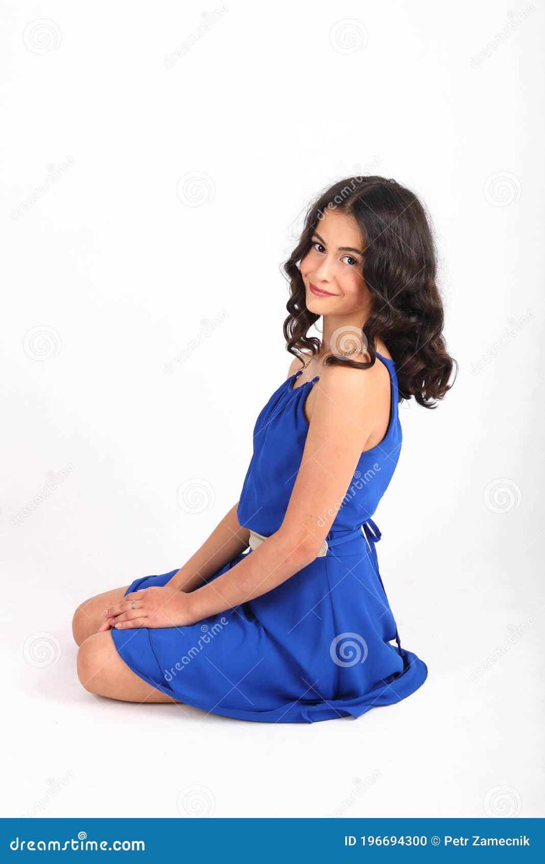 Smiling Teenage Girl Posing in Blue Dress Stock Photo - Image of ...