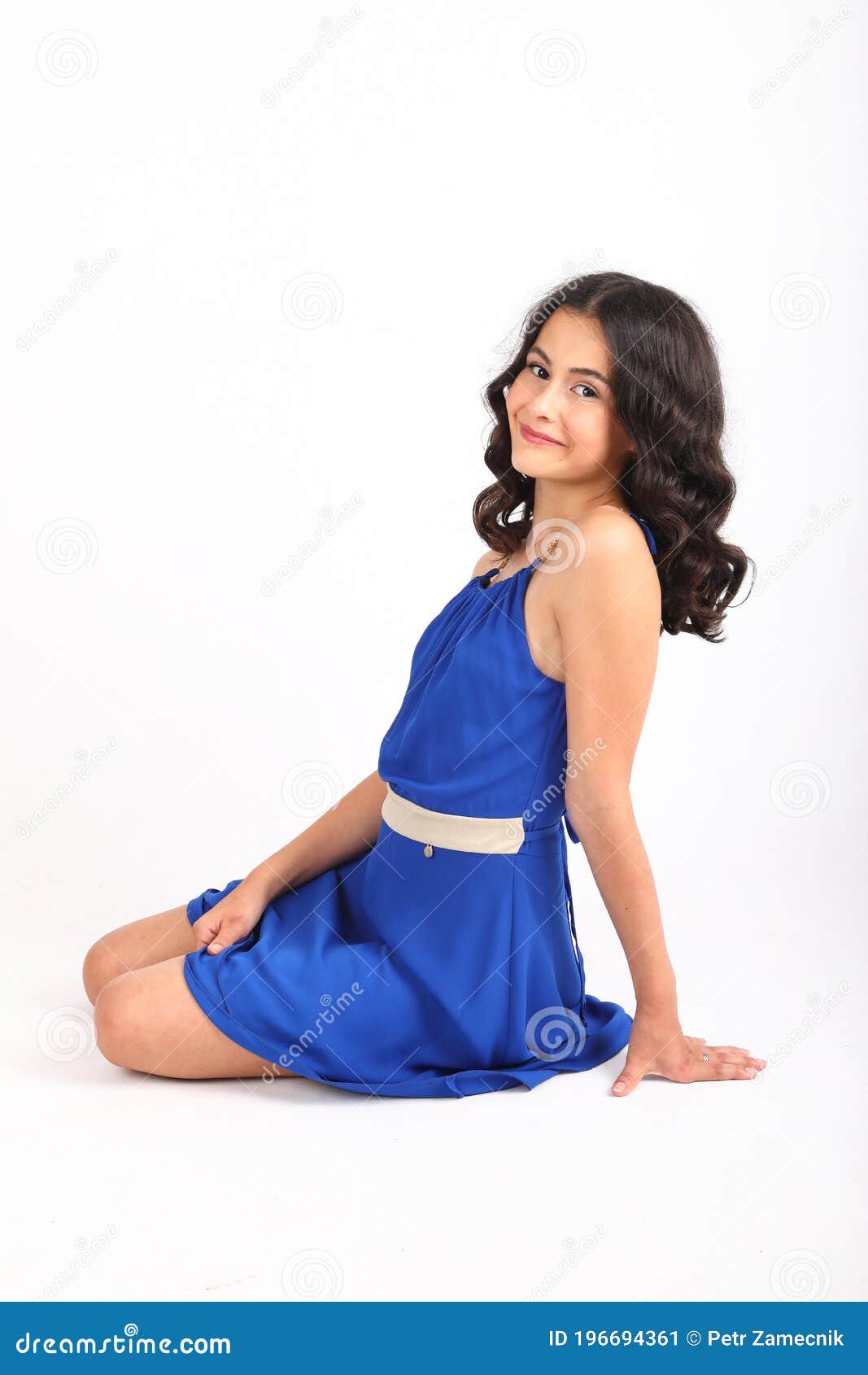 Smiling Teenage Girl Posing in Blue Dress Stock Image - Image of child ...