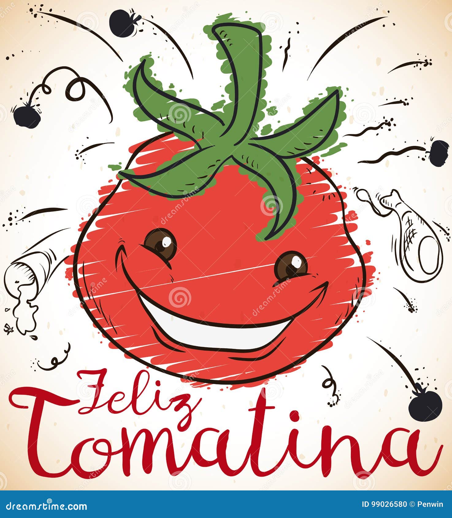 smiling tomato with some doodles for spanish tomatina,  