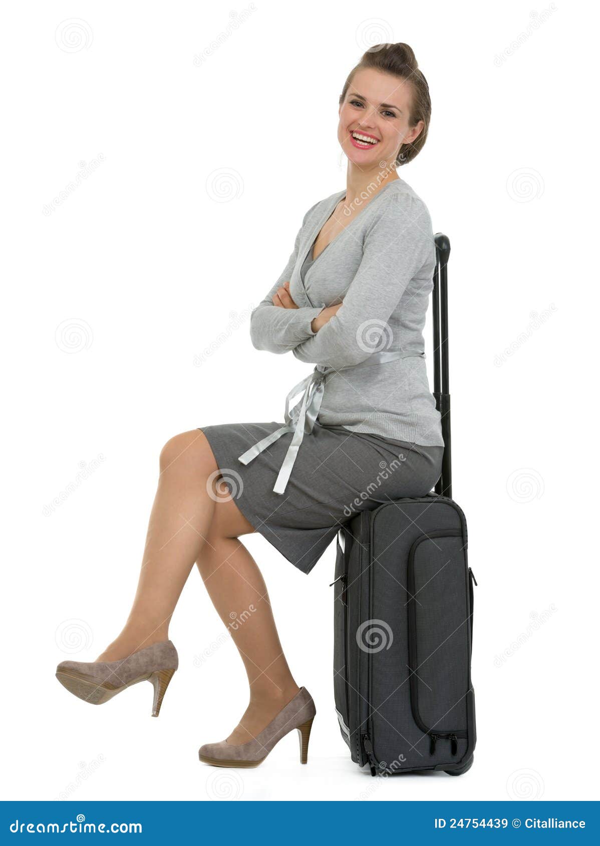 Smiling Traveling Woman Sitting on Suitcase Stock Image - Image of ...