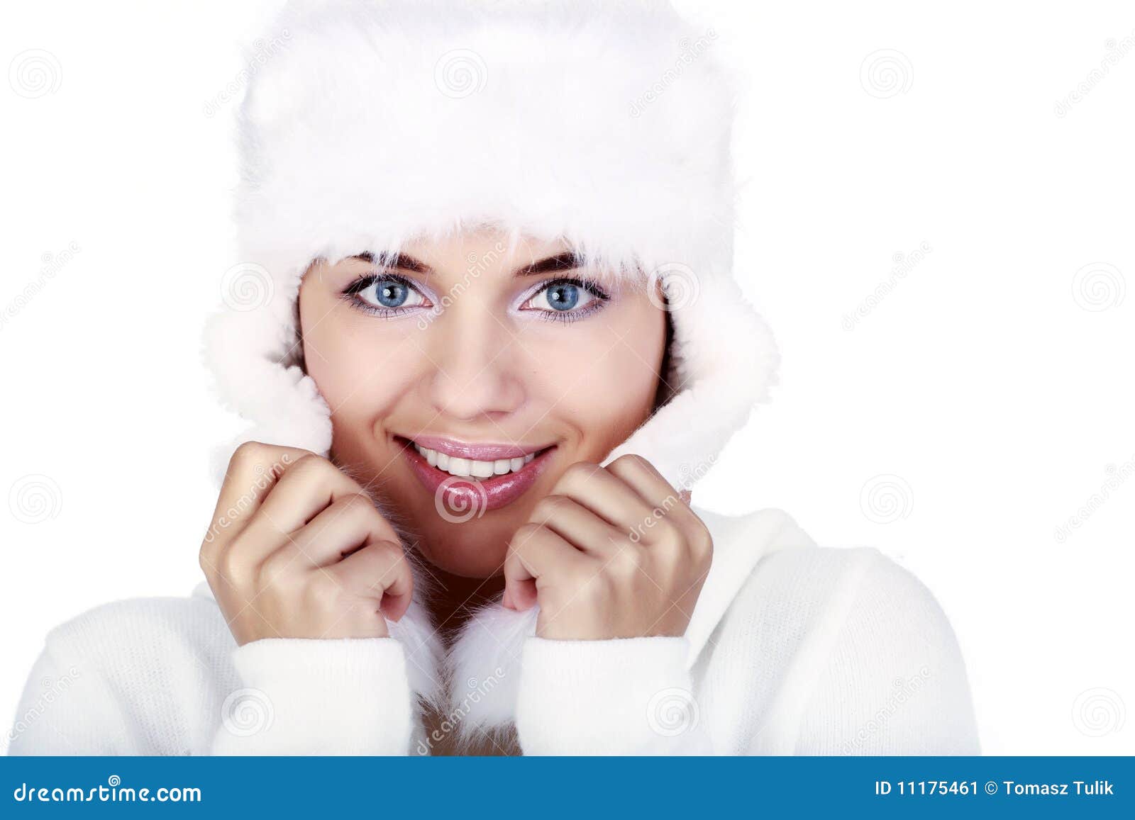 Smiling Winter Woman. Blue Eyes Stock Image - Image of hands, girl ...