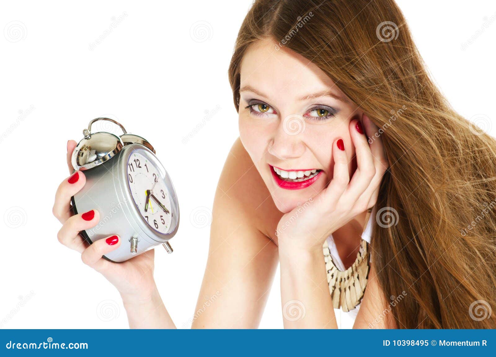 Smiling Woman with Alarmclock Stock Image Image of sensuality