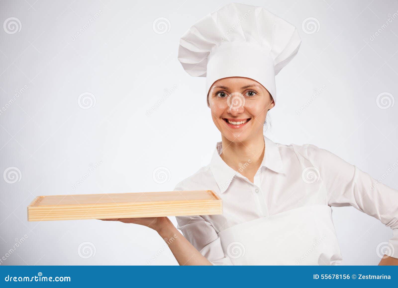 Smiling Woman Chef Cook Holding Wooden Board Stock Photo - Image of ...