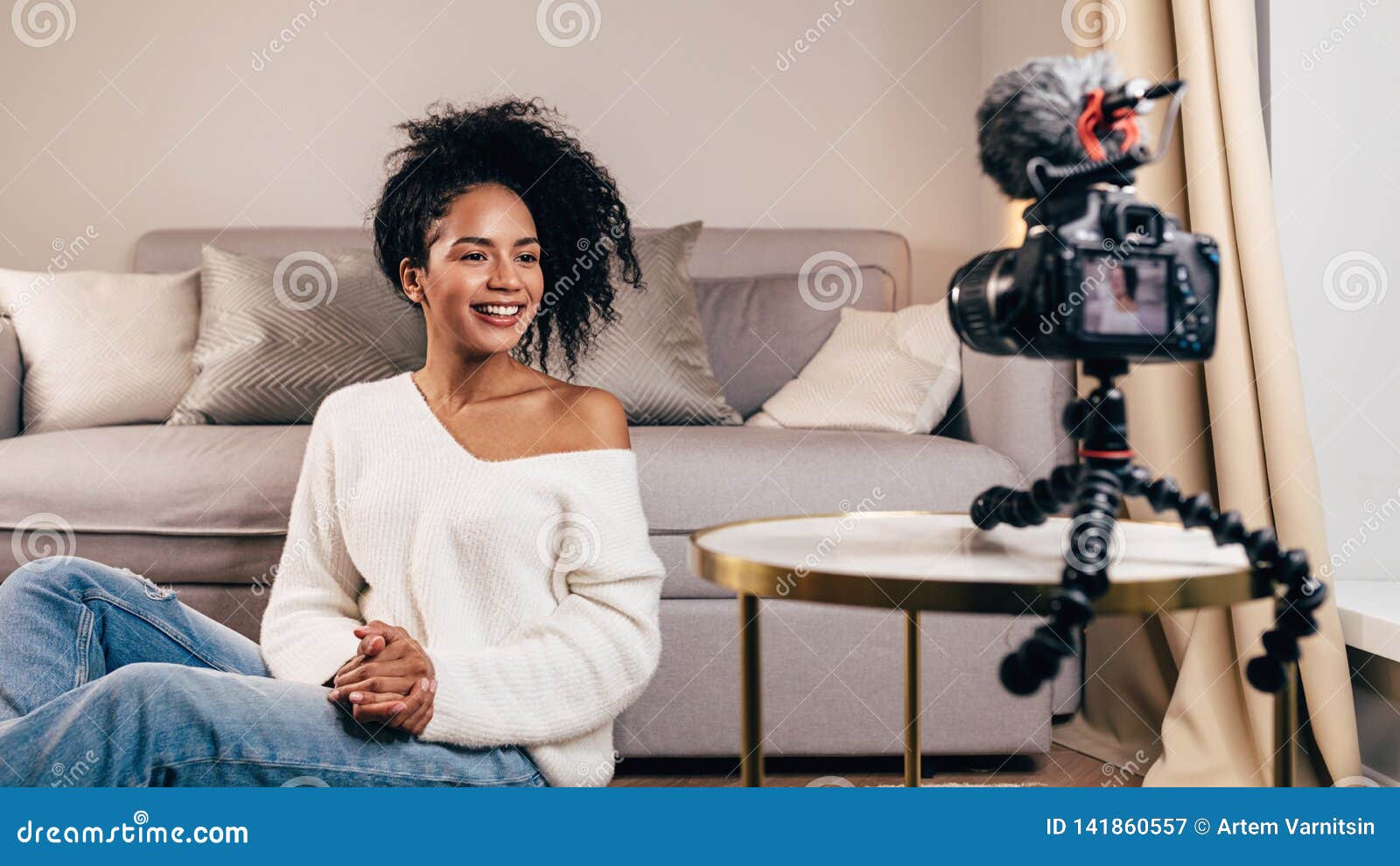 smiling woman creating video content