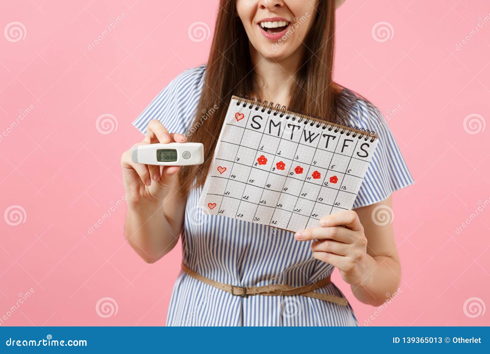 Smiling Woman In Dress Hold In Hand Thermometer Female Periods