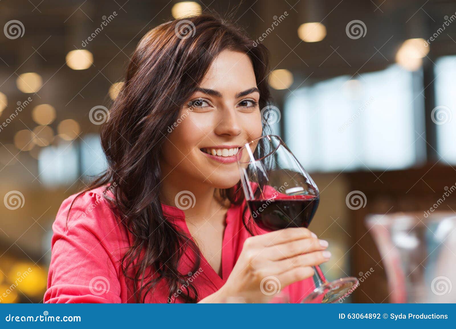 Smiling Woman Drinking Red Wine At Restaurant Stock Photo - Image of ...