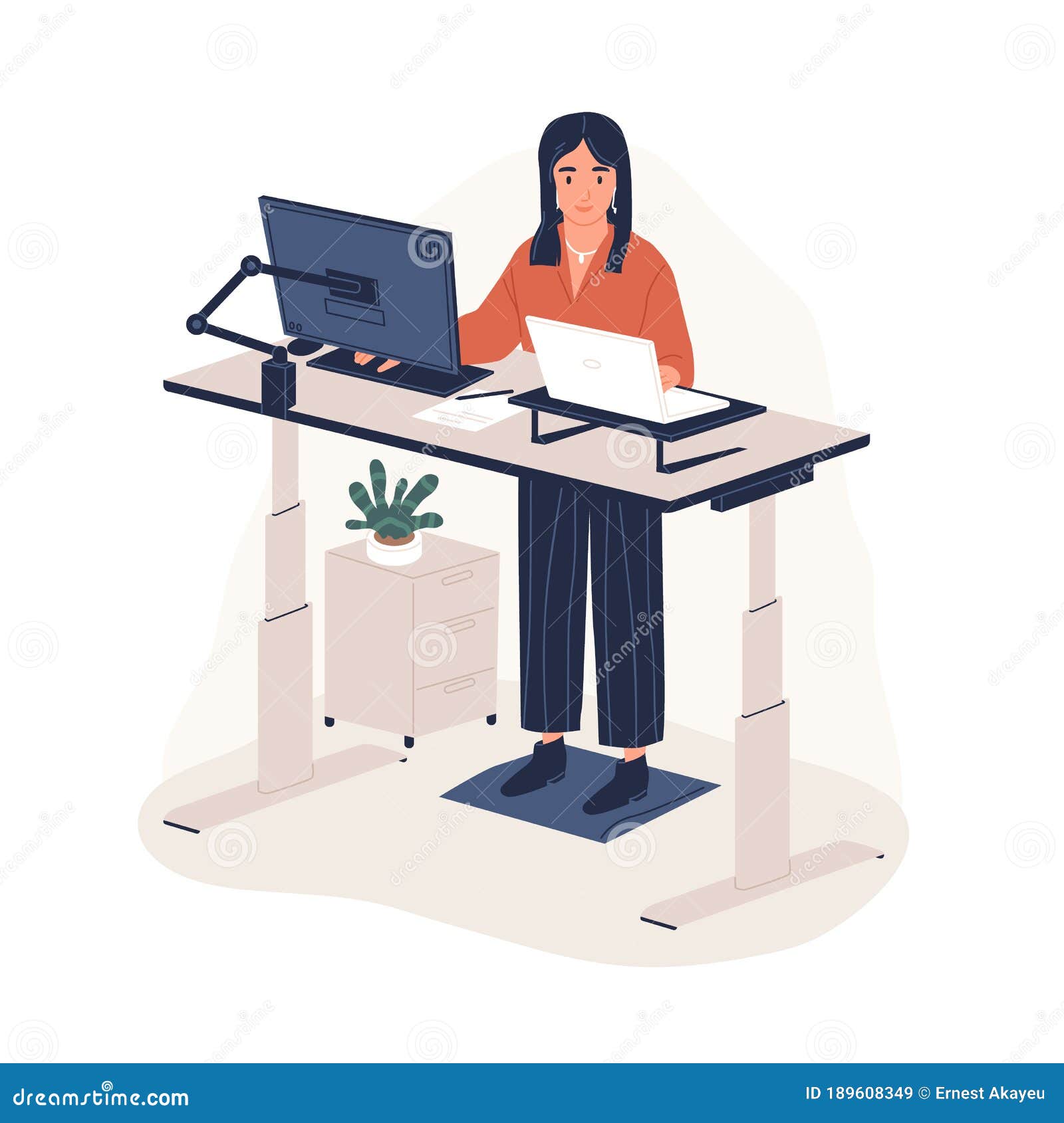 smiling woman employee working at ergonomic workstation  flat . contemporary office furnituring with
