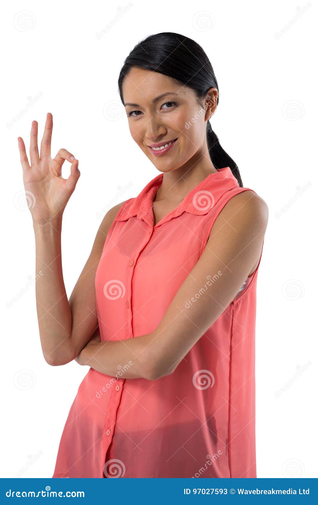 Smiling Woman Gesturing Okay Hand Sign Against White Background Stock ...