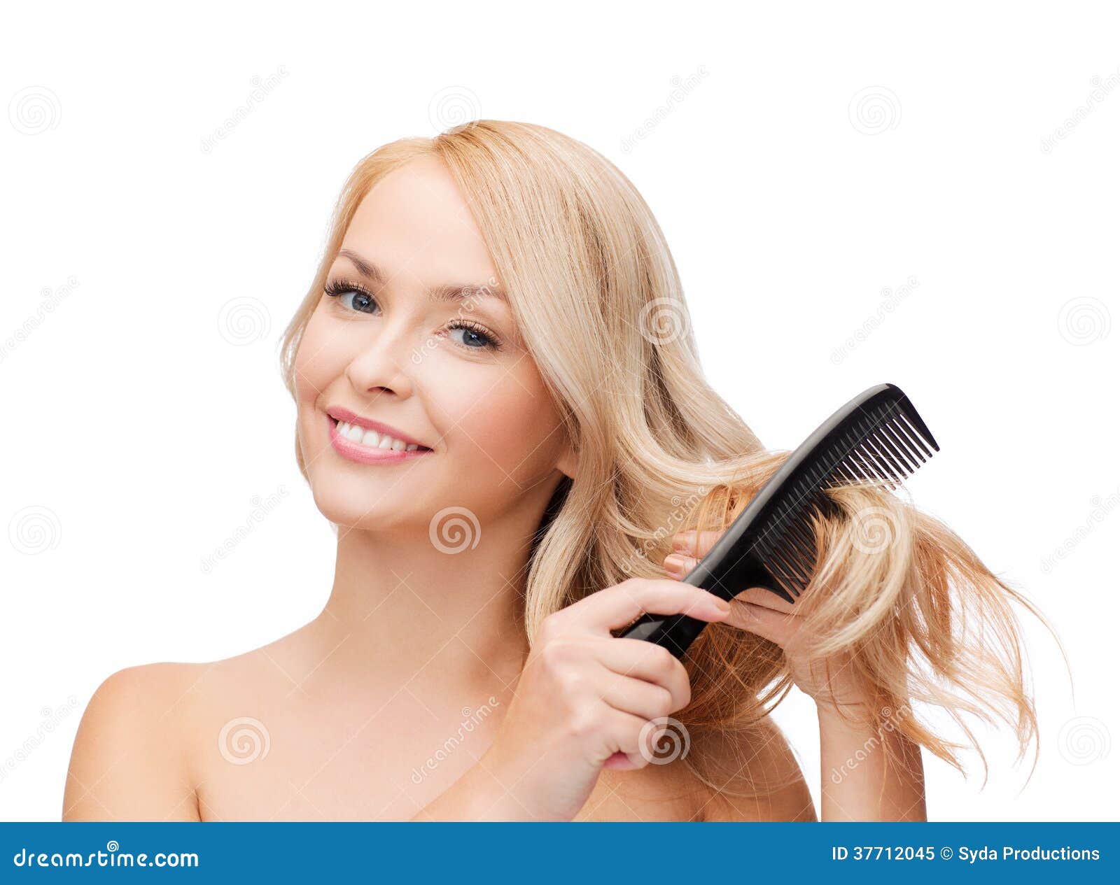 Smiling Woman with Hair Brush Stock Image Image of attractive