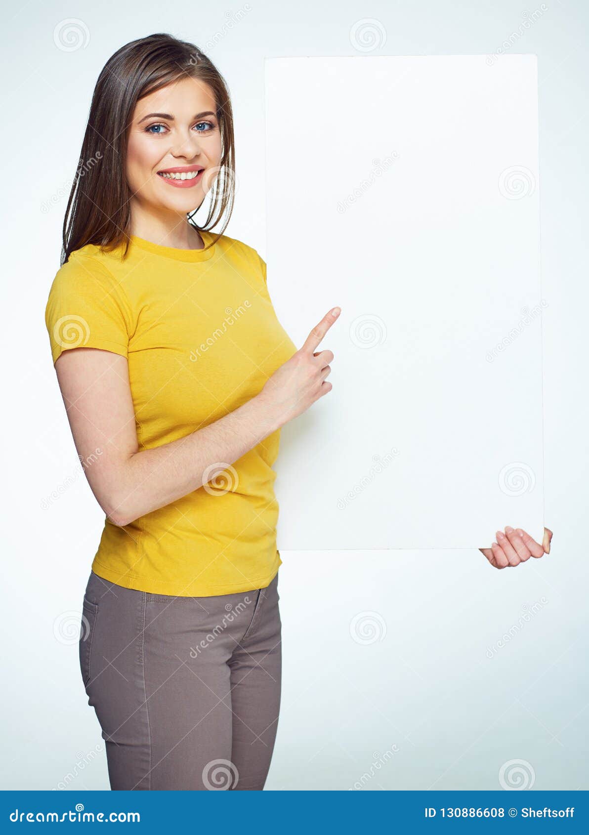 Smiling Woman Holding Advertising Sign Board Stock Photo Image Of Isolated Happy