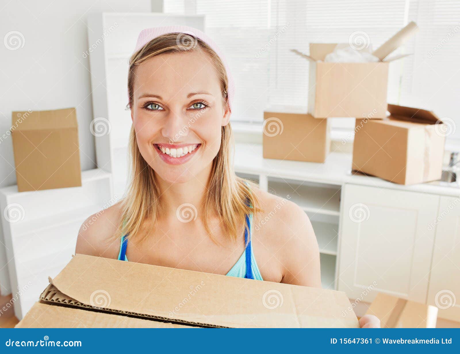 Smiling Woman Holding Boxes after Moving Stock Image Image of jolly