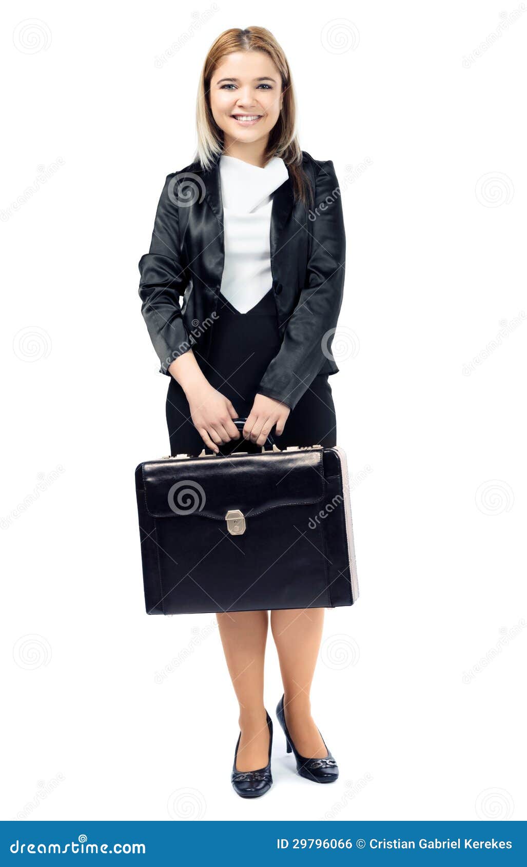 Smiling Woman Holding Briefcase Looking at Camera Stock Photo Image