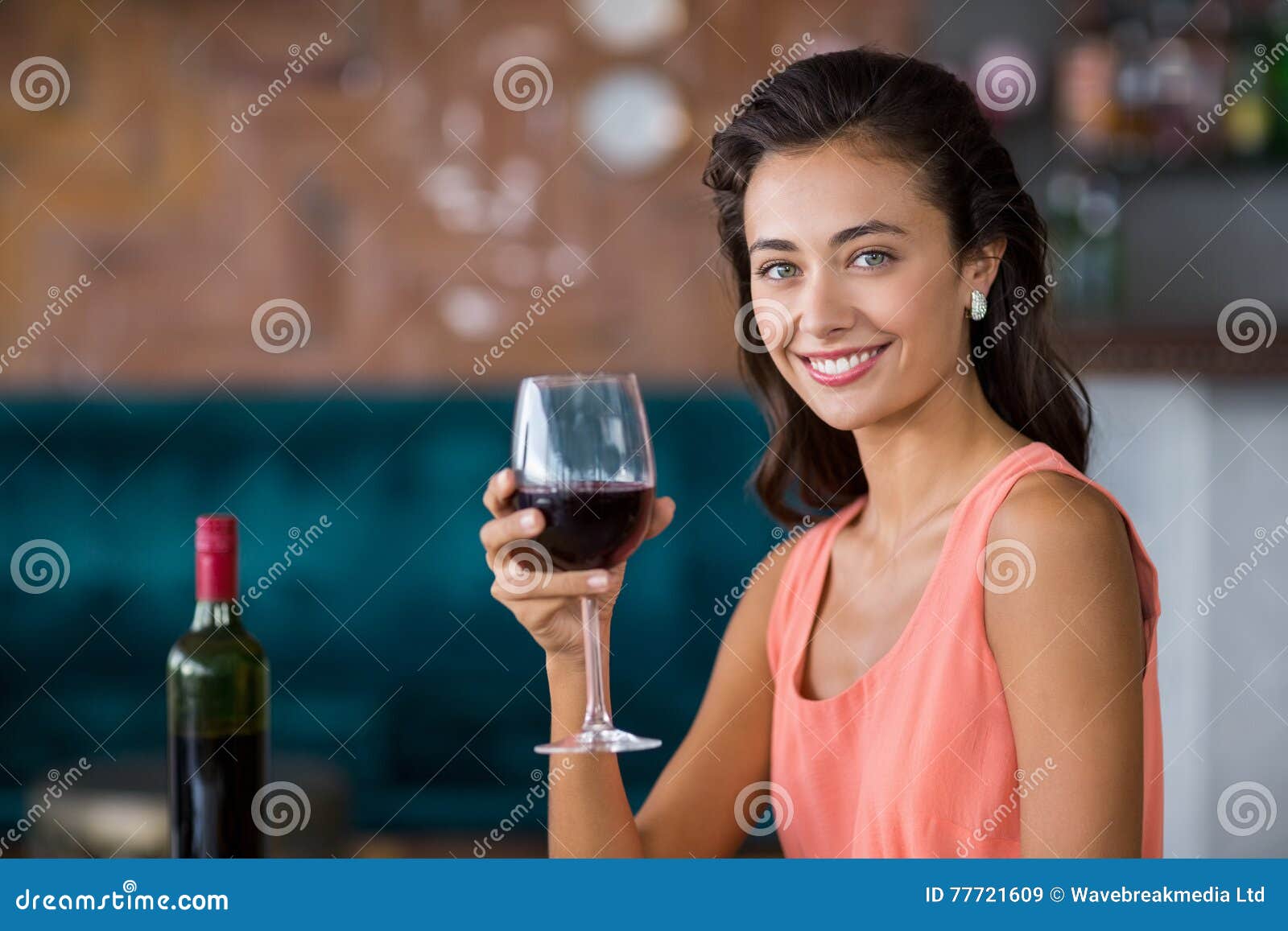 Smiling Woman Holding Glass of Red Wine Stock Image - Image of ...