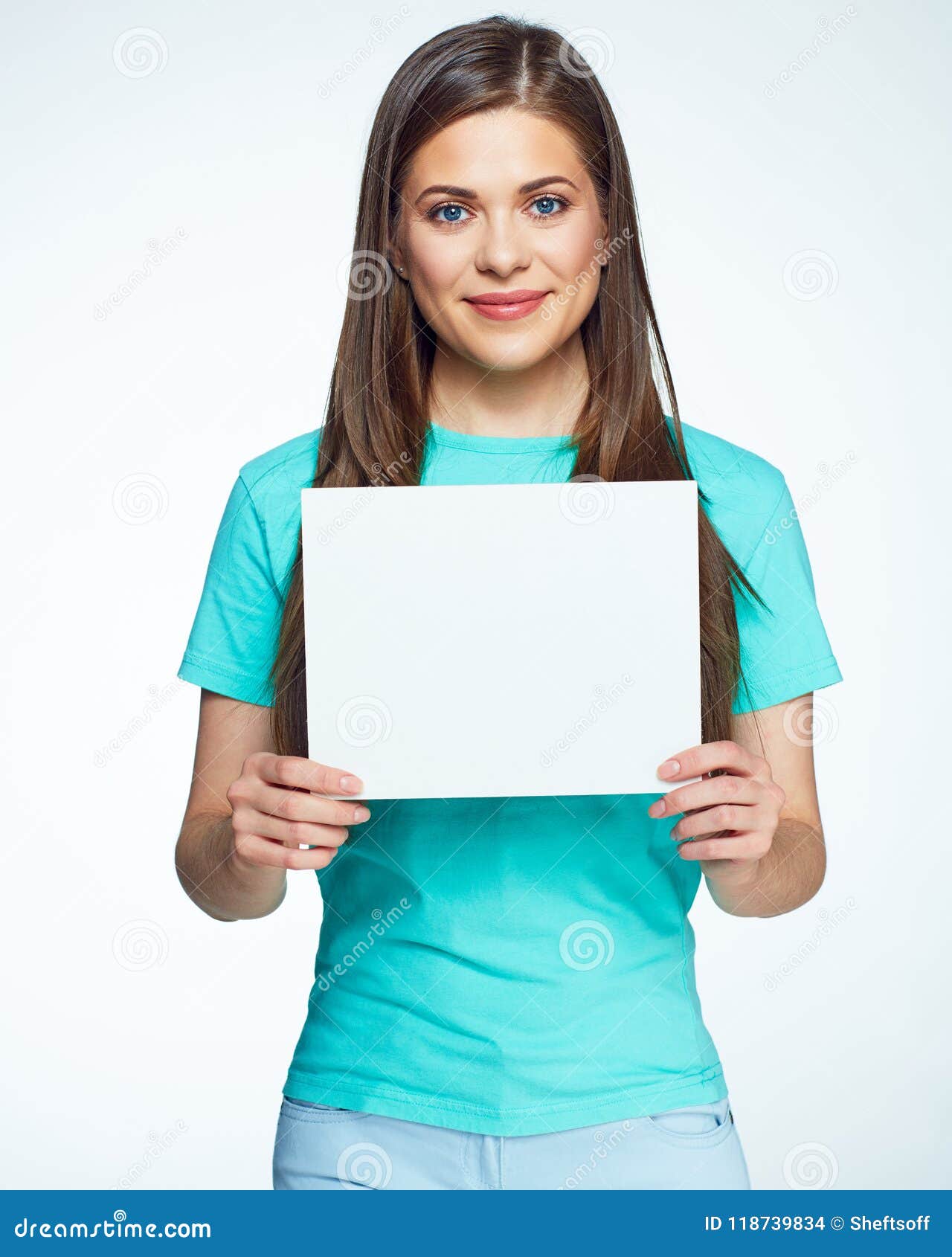 Smiling Woman Holding White Sign Board Stock Photo Image Of Beauty Female