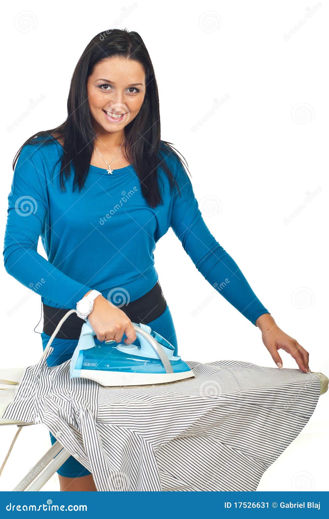 Smiling Woman Ironing a Shirt Stock Image Image of housework, female