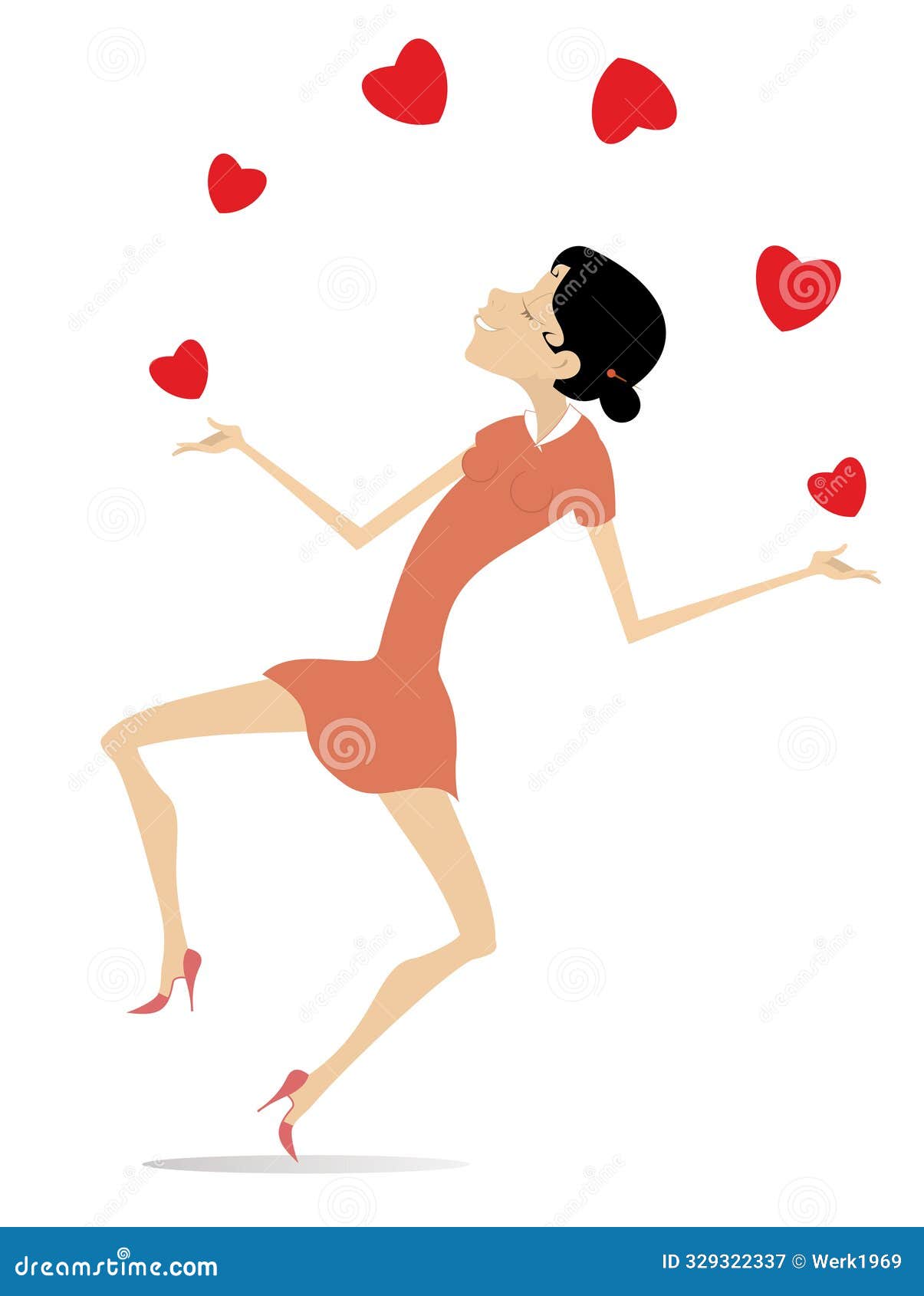 smiling woman juggles the hearts