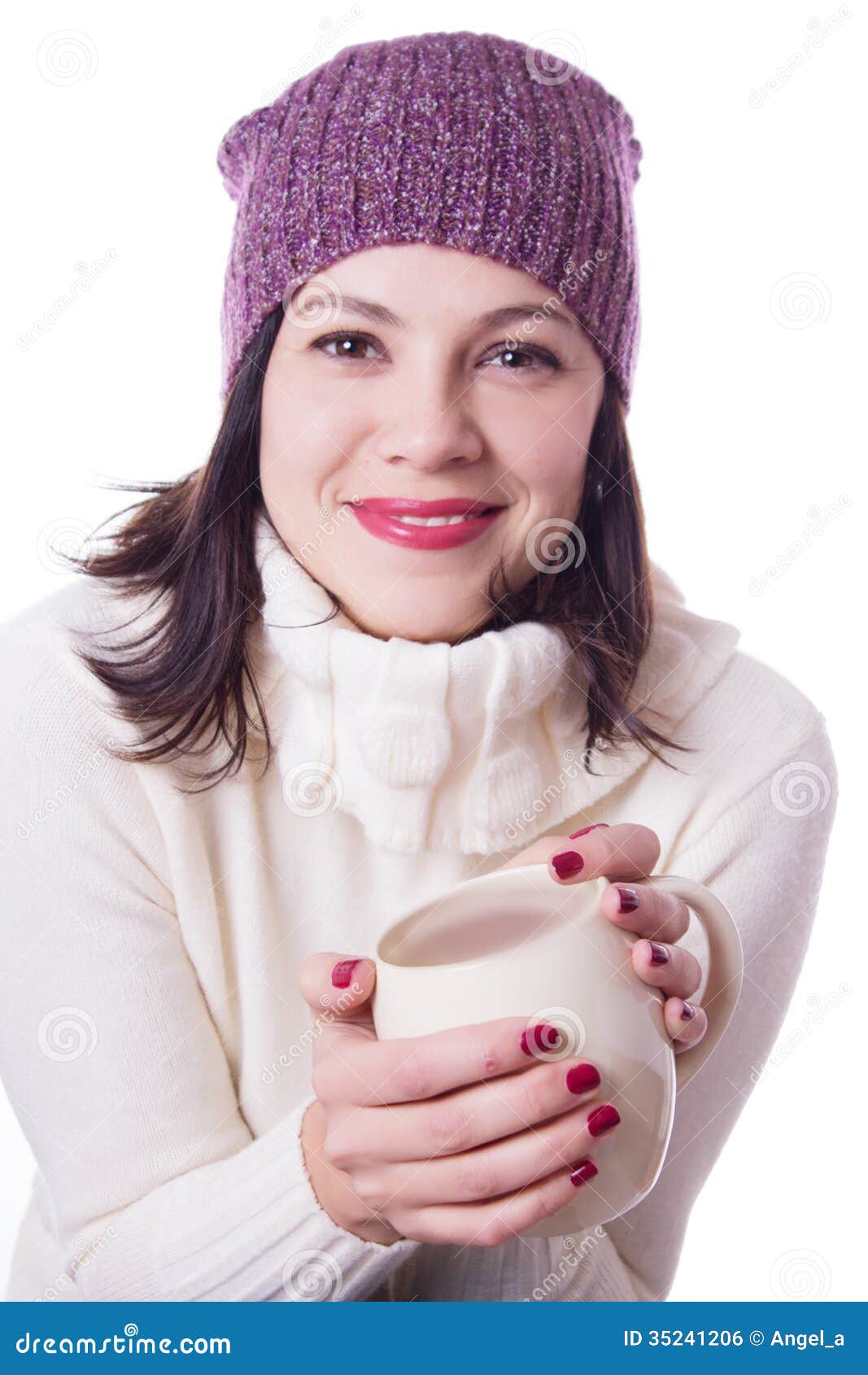 Smiling Woman in Knitted Hat Holding Cup of Beverage Stock Photo ...