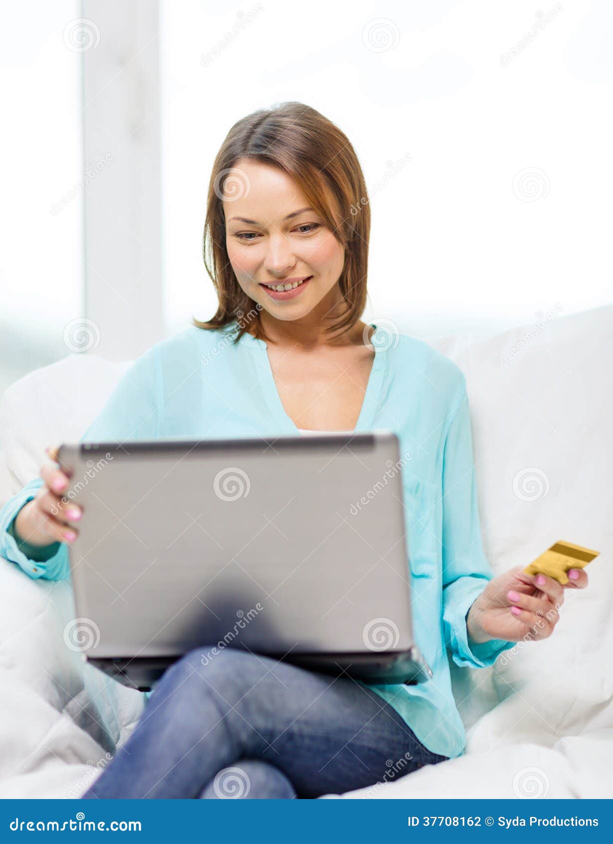 Smiling Woman with Laptop Computer at Home Stock Photo - Image of ...