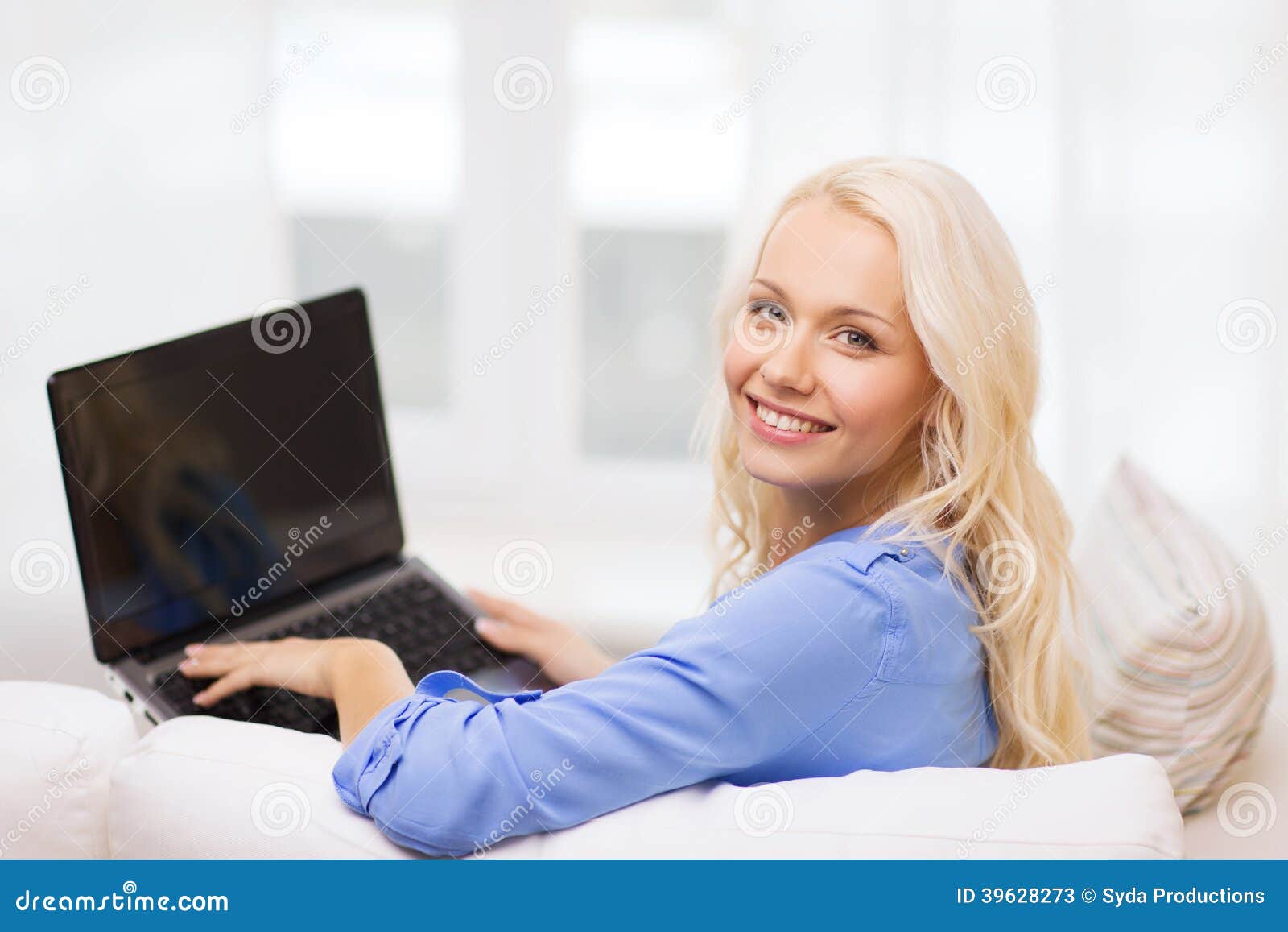 Smiling Woman with Laptop Computer at Home Stock Image - Image of adult ...