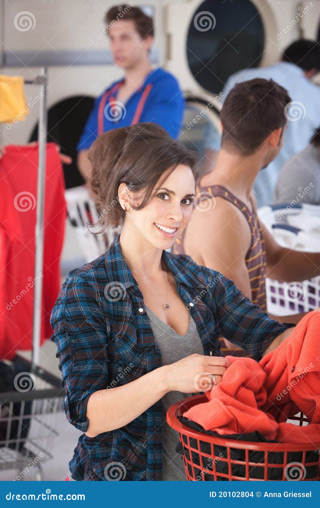 Smiling Woman in Laundromat Stock Photo Image of laundry, laundromat