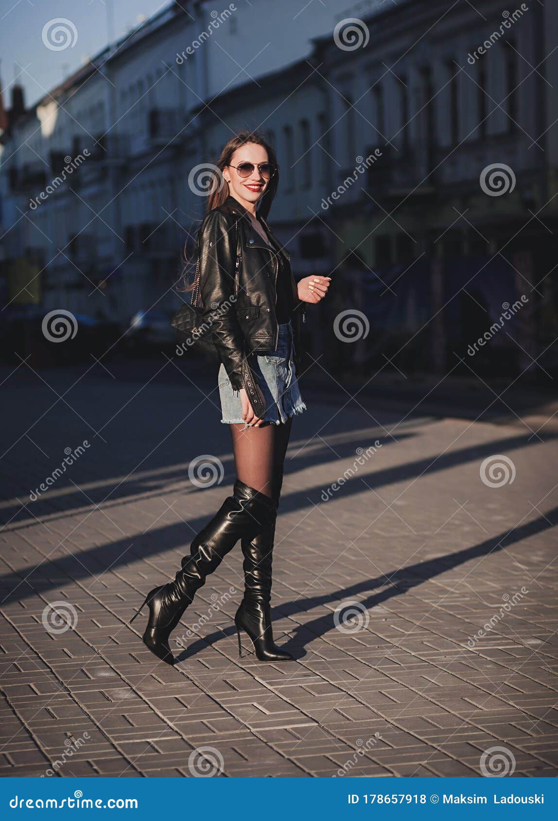 Smiling Woman Leather Jacket Stock Photo - Image of graceful, body ...