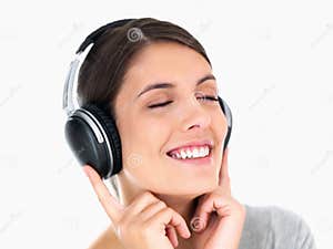Smiling Woman Listening To Peaceful Music On White Stock Photo Image Smiling Woman Listening To Peaceful Music On White Stock Photo Image