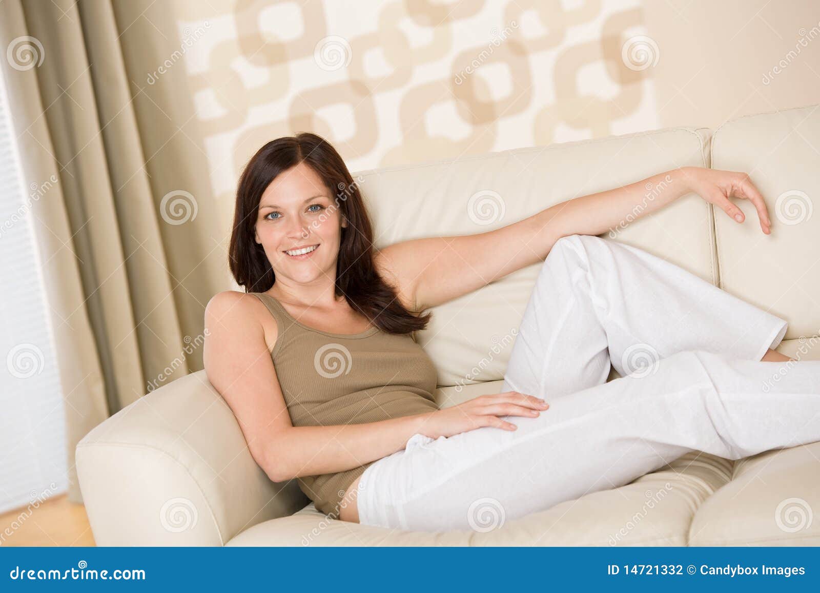 Smiling Woman Relax on Sofa in Lounge Stock Photo Image of relax