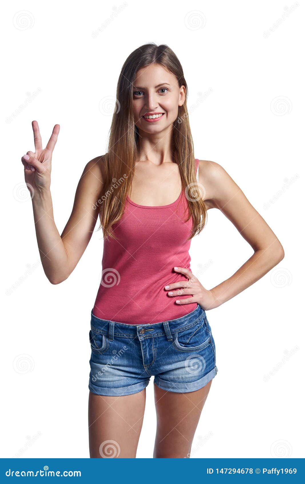 Smiling Woman Showing Two Fingers, V Sign Stock Photo - Image of girl ...