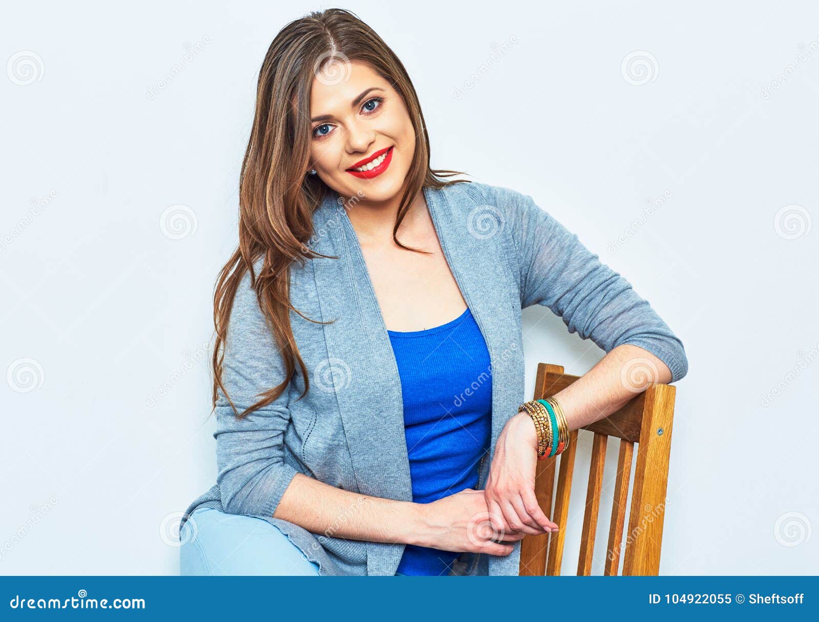 Smiling Woman Sitting on Chair. Young Model Stock Image - Image of ...