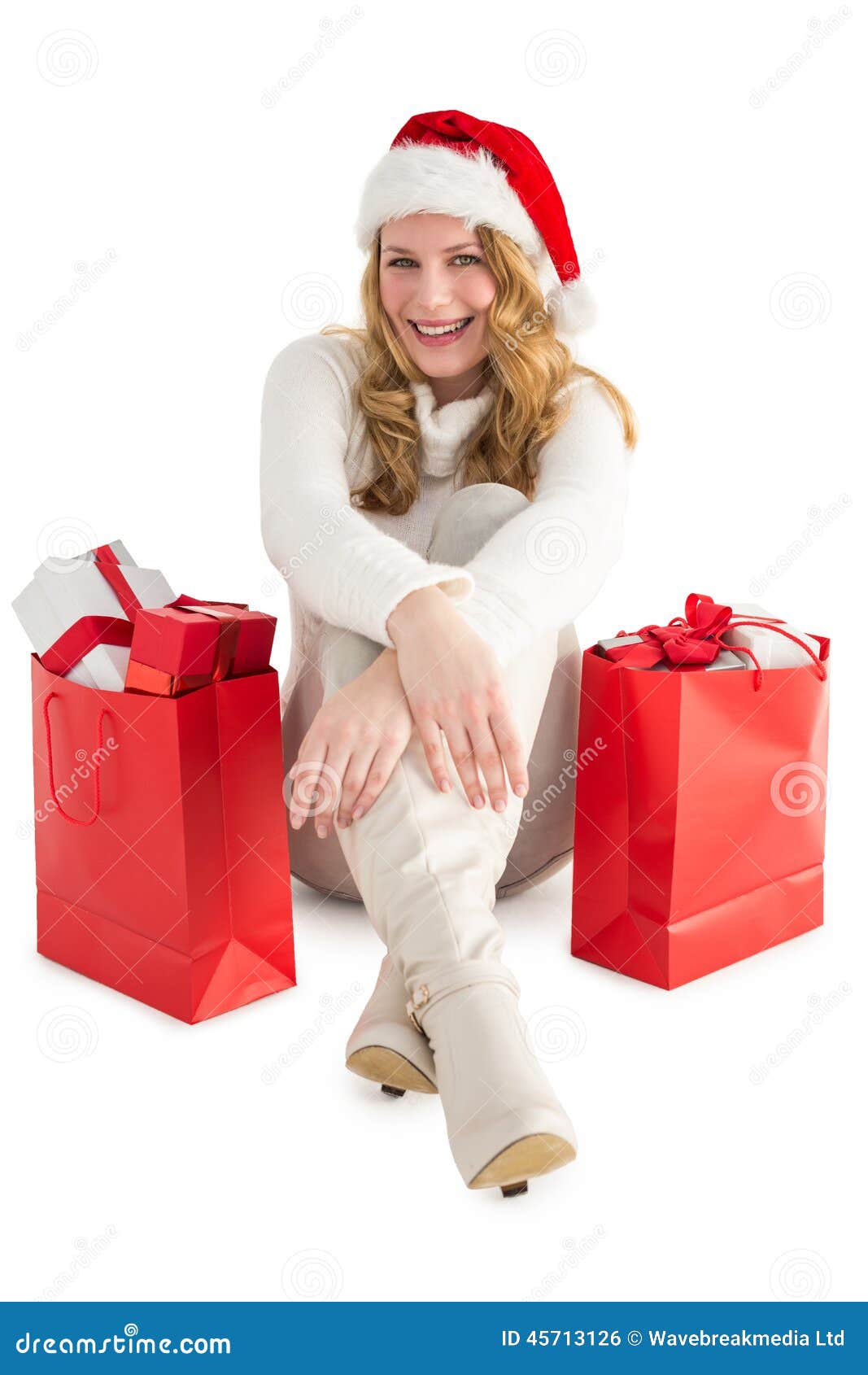 Smiling Woman Sitting on Floor with Shopping Bag Stock Photo - Image of ...