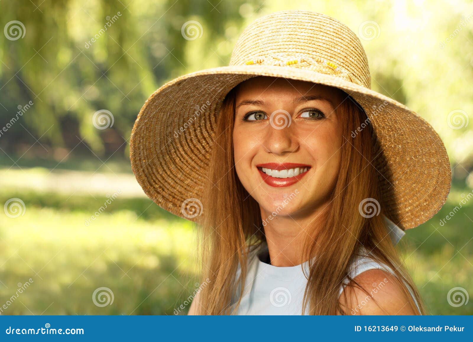 Smiling woman in straw hat stock image. Image of happy 16213649
