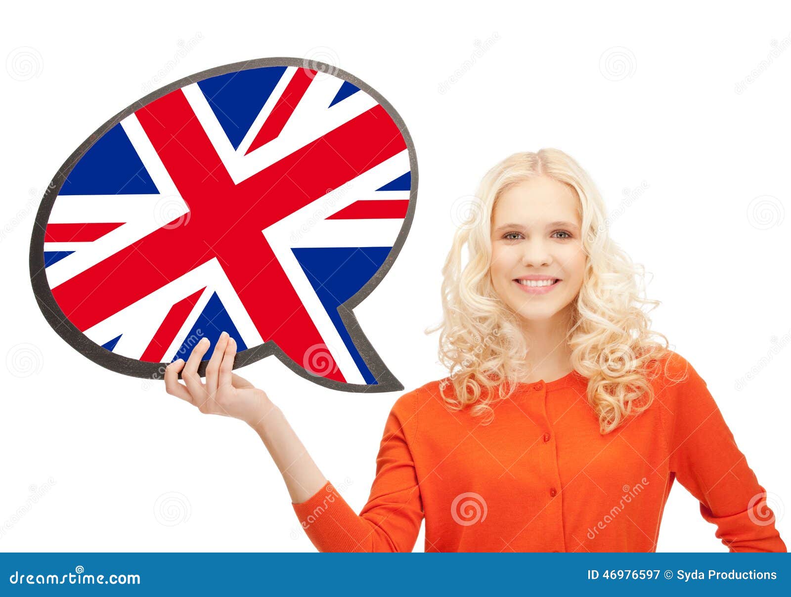 Smiling Woman with Text Bubble of British Flag Stock Image - Image of ...