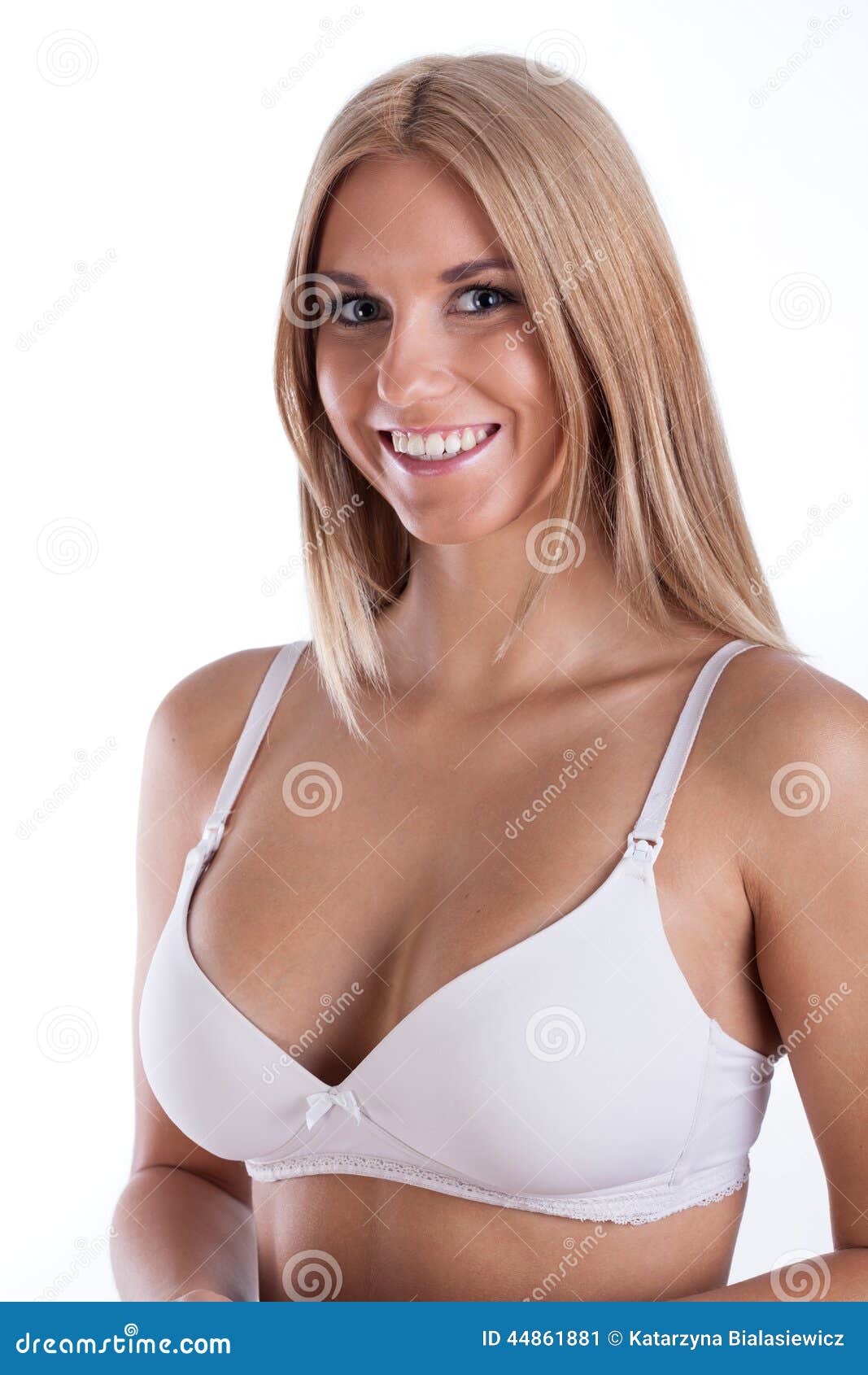 Smiling Woman In White Brassiere Stock Image Image Of Lingerie Body 44861881