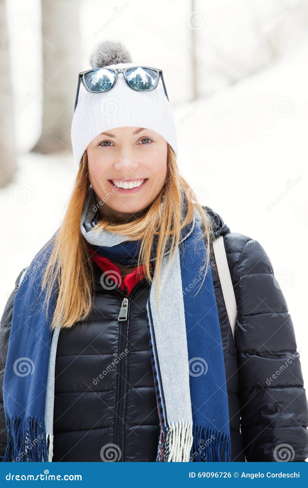 Smiling Woman Winter Clothing. Snow And Nature, Mountains Smiling Woman Winter Clothing. Snow And Nature, Mountains