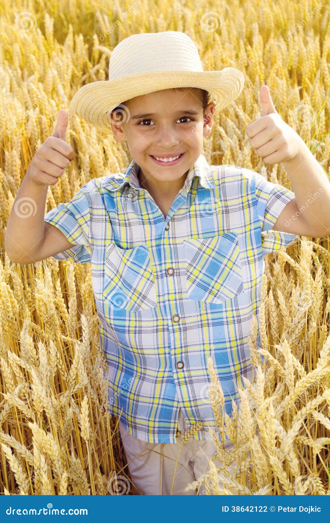 Smiling Young Boy with Straw Hat in a Field Stock Photo Image of