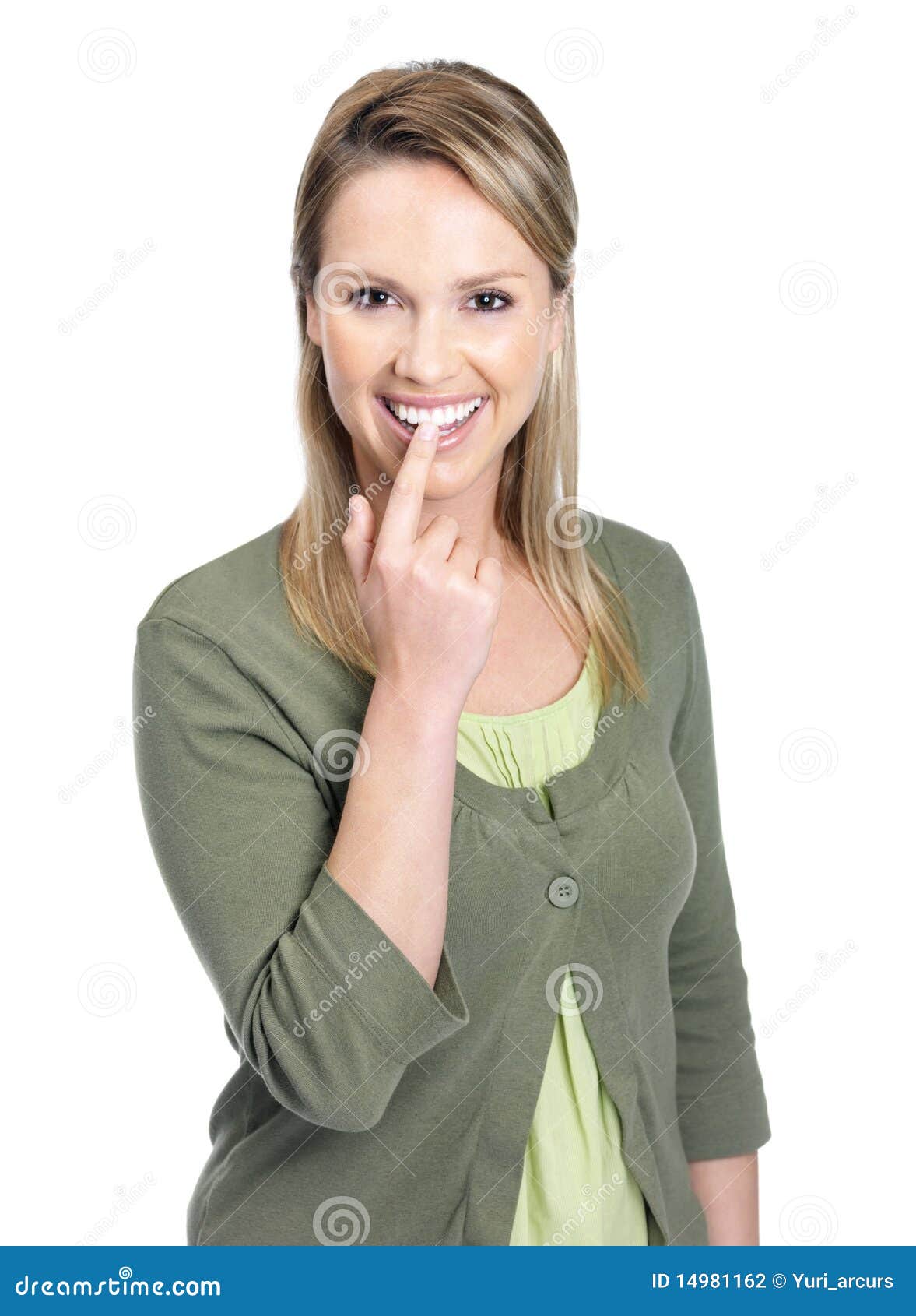 Smiling Young Female Biting a Finger Against White Stock Photo Image
