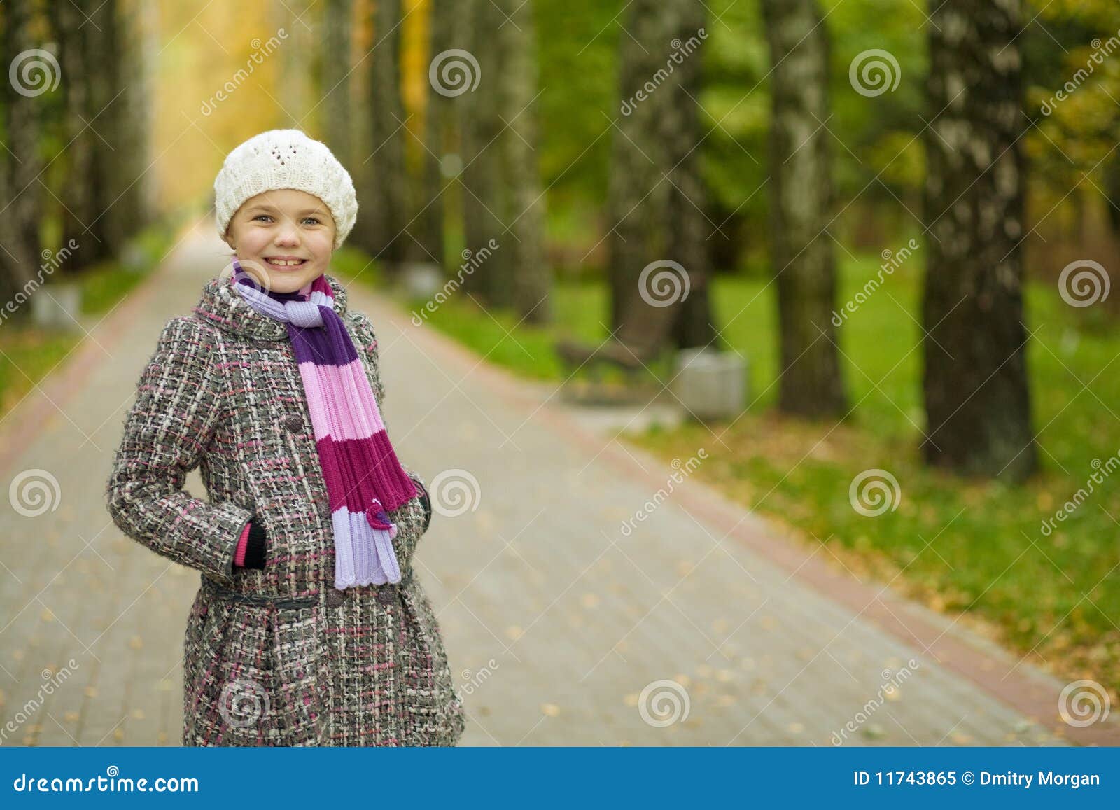 Smiling Young Girl in White Beret Stock Image Image of gloves, green