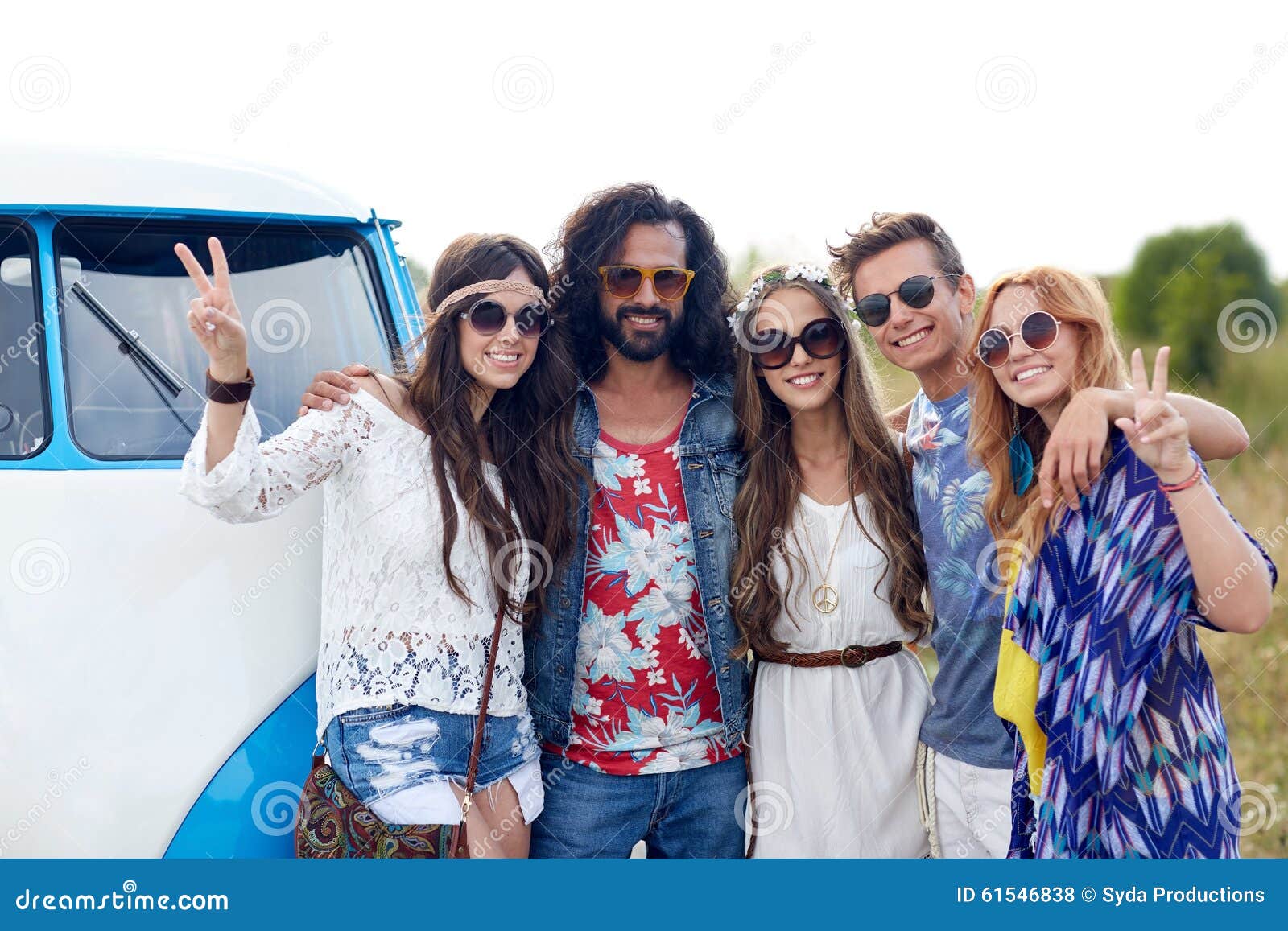 Smiling Young Hippie Friends Over Minivan Car Stock Photo - Image of ...