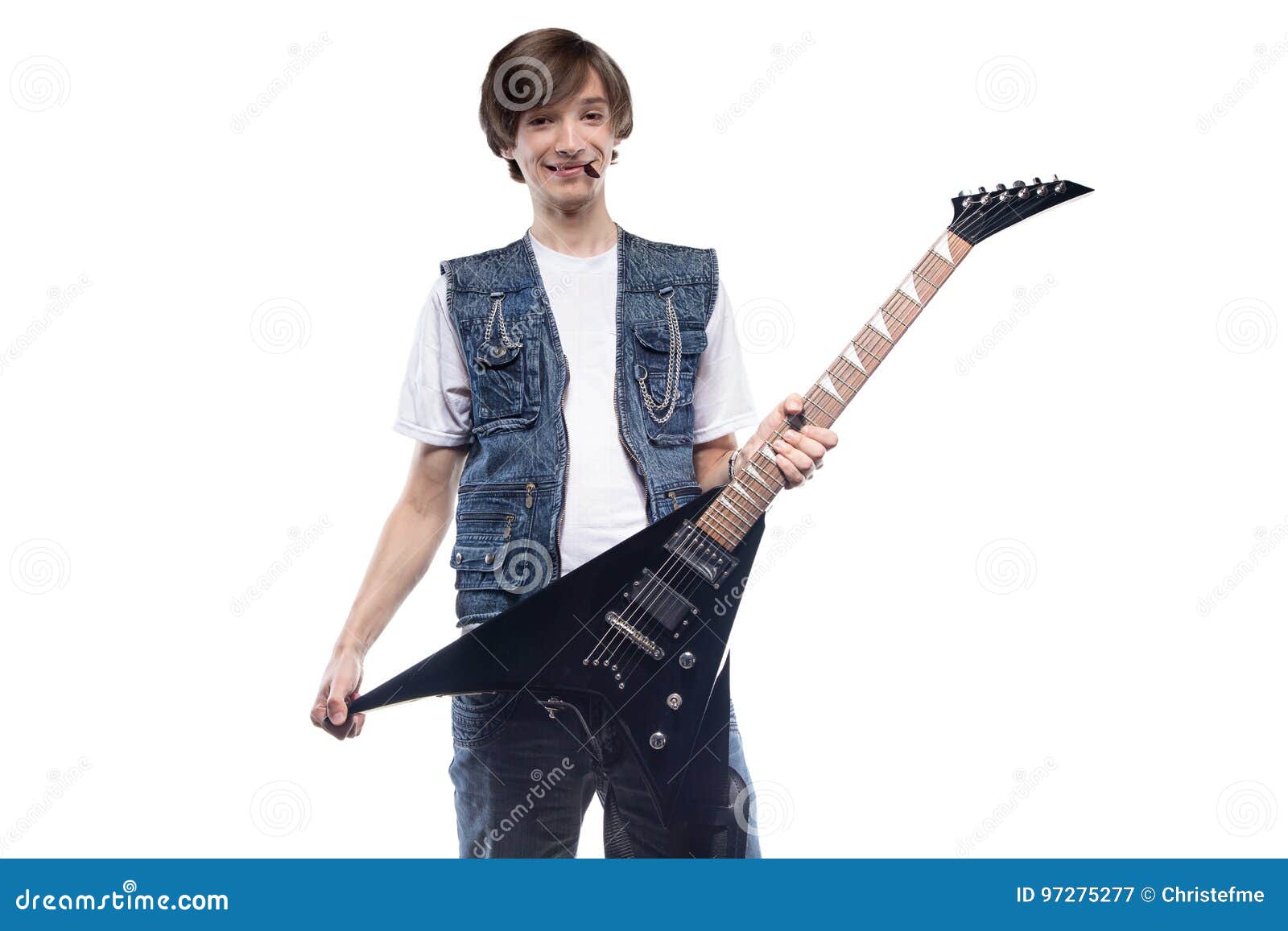 Smiling Young Man Holding Electric Guitar Stock Image Image of