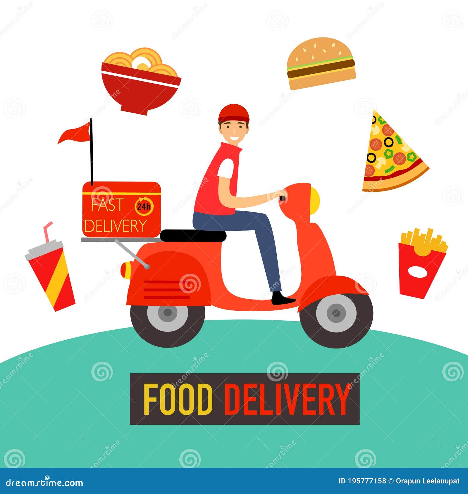 Smiling Young Man Riding Red Scooter To Deliver Food To Customer Food Delivery Service Concept Vector Illustration Uber Eat Gra Stock Vector Illustration Of Cartoon Delivery 195777158