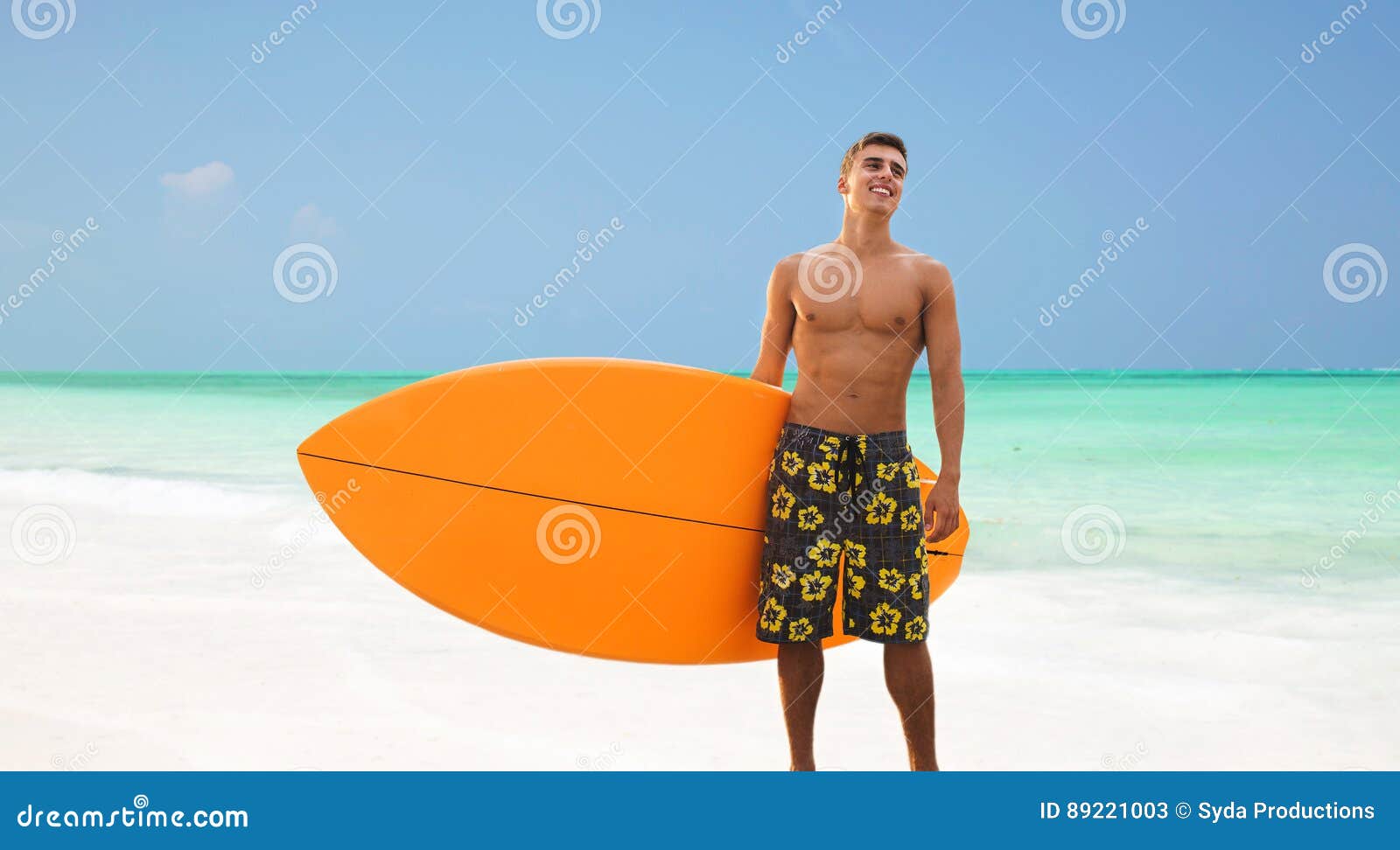 Smiling Young Man with Surfboard on Beach Stock Image - Image of ...