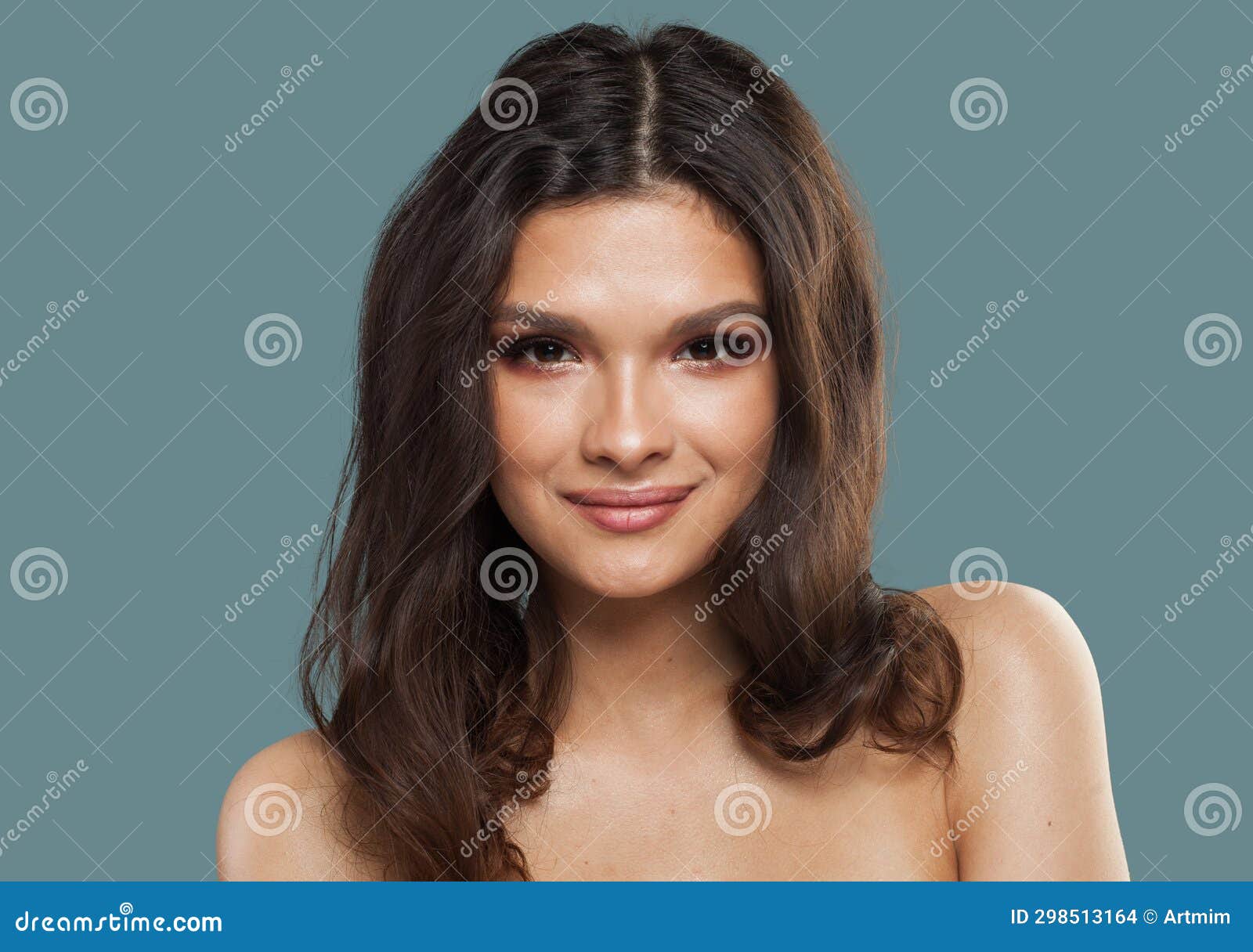 Smiling Young Model Brunette Woman With Shiny Clear Fresh Skin And Long 